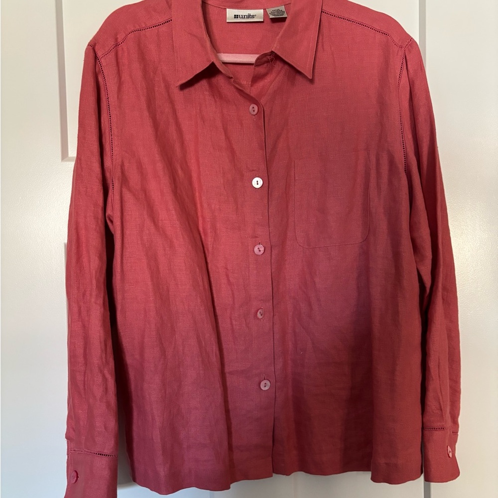 Units Womens Vintage‎ Coral 100% Linen Button-Up Shirt XL Petite